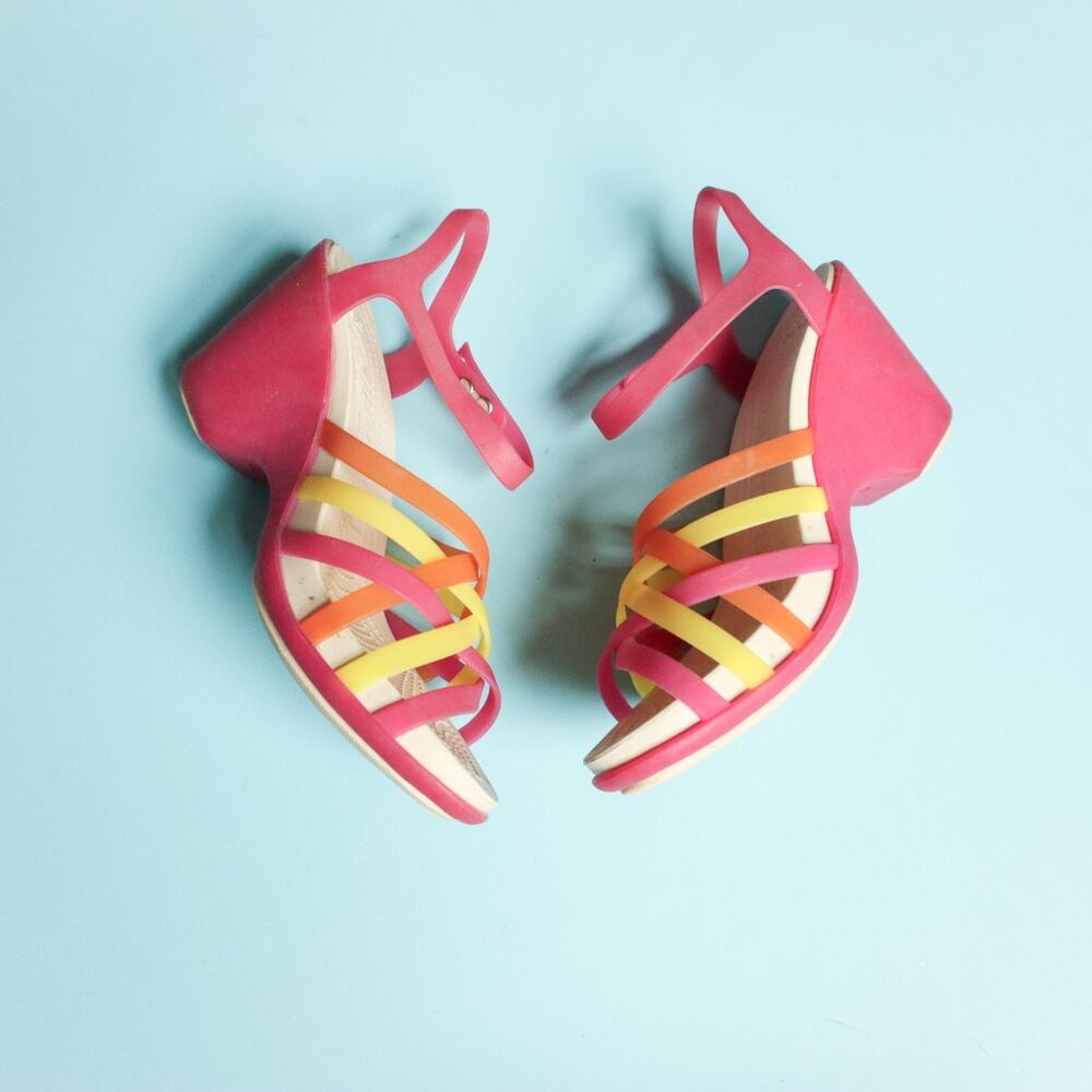 Crocs Huarache Pink Yellow Jelly Wedge Criss Cross Heels Womens 7 Retro Y2K 2000 - Picture 3 of 7